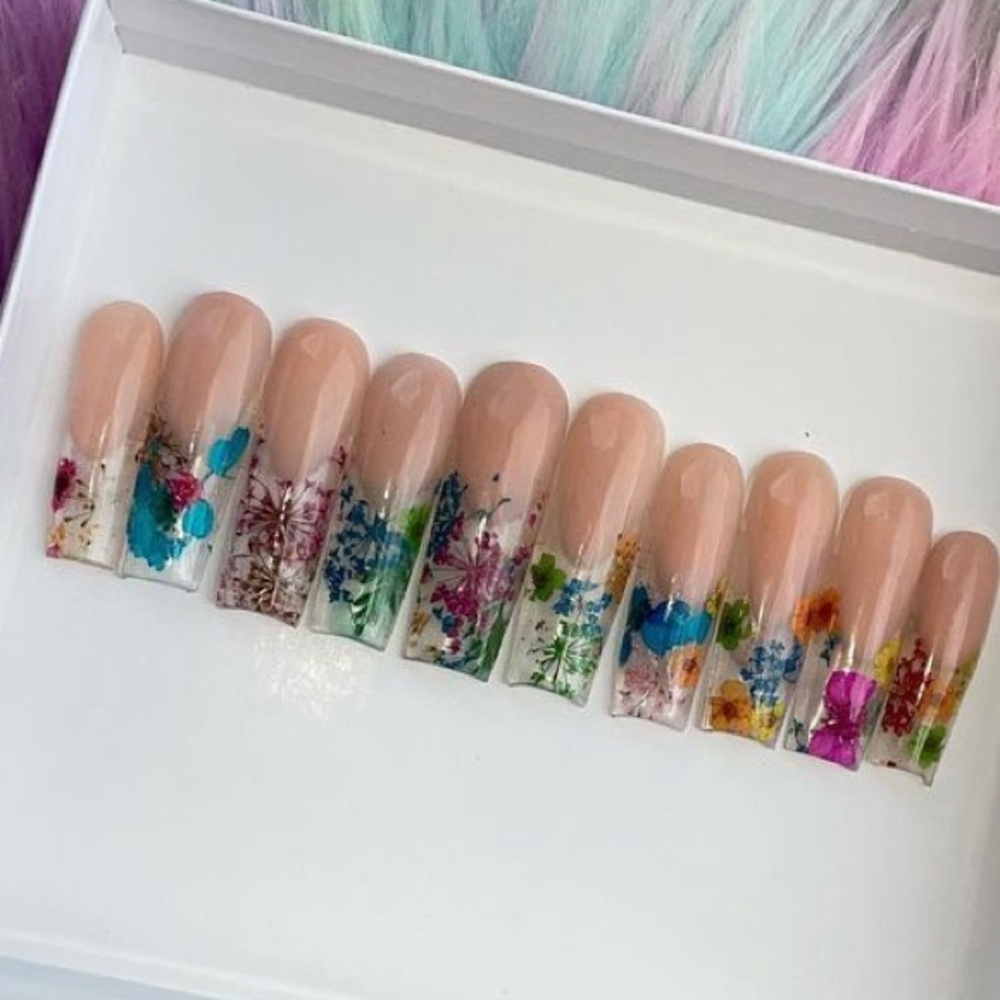 Flower Encapsulated French Tip Press On Nails Classy Pretty and Cute
